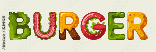 vibrant vector burger lettering made from stylized ingredients with soft lighting – great for food branding, advertising, or graphic design