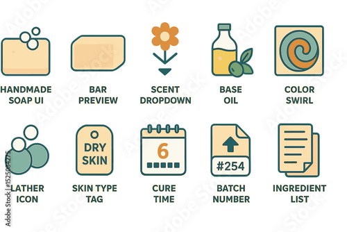 Handmade soap ui icons: lather, scent, base, dry skin, cure time, batch, ingredient list