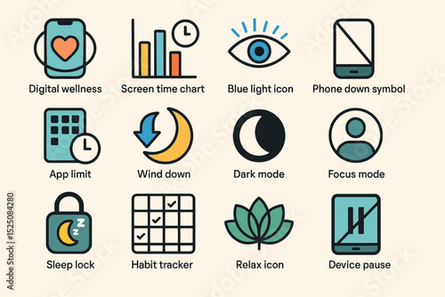 Digital wellness icons: screen time, blue light, relaxation, sleep, focus, habits