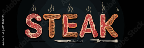 steak word formed by grilled steak cuts with smoke and utensils – perfect for culinary or meat-focused content