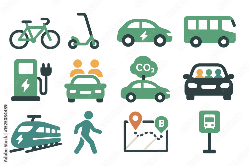 Naklejka premium Eco-friendly transportation icons featuring electric and shared mobility solutions