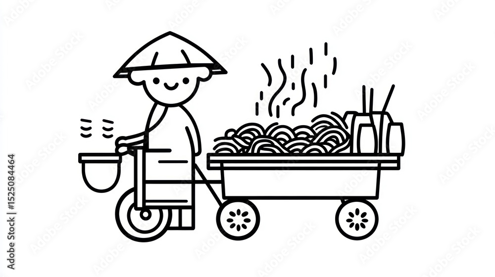 Smiling street vendor pushing a cart laden with steaming noodles Smiling street vendor pushing a cart laden with steaming noodles
