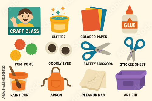 Craft class materials: glitter, colored paper, glue, safety scissors, apron, paint cup, sticker sheet