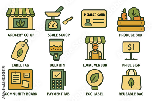 Sustainable grocery: co-op features and eco-friendly shopping symbols