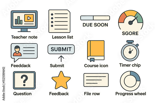 Educational interface icons featuring teacher note, lesson list, and progress wheel