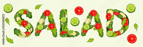 salad text made from colorful vegetable slices on white background – great for fresh food marketing, vegan content, or cooking blogs
