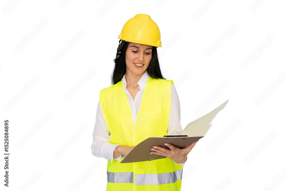 Fototapeta premium Confident female engineer wearing safety vest and helmet reviewing documents on a transparent background