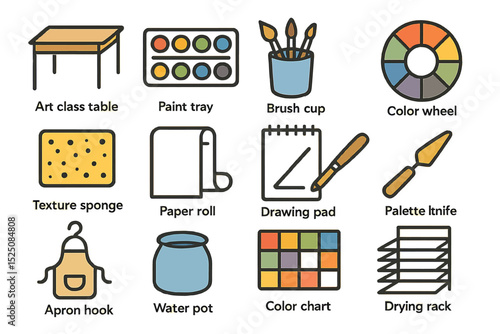Art supplies icons with table, paint tray, brushes, color wheel, and more on orange background
