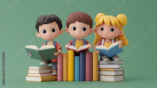 cute animated children learning from books, 3D back to school