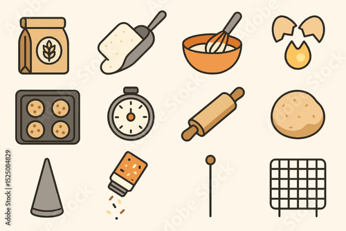 Baking essentials: icons of flour, eggs, timer, rolling pin, and baking sheet