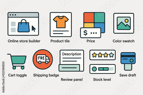 E-commerce icons set with online store, product, price, and cart toggles