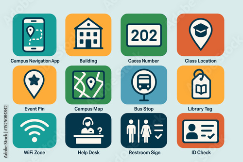 Campus navigation icons: app, building, class, map, bus, library, wifi, help, restroom, id