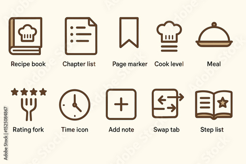 Culinary icons set featuring recipe book and cooking tools