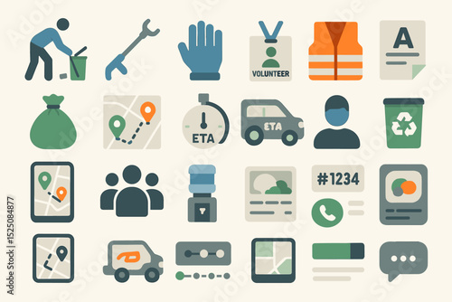 Volunteer icons: waste management, delivery, and recycling concepts