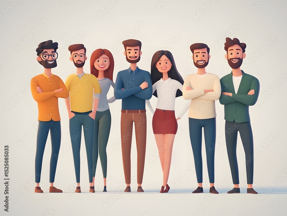 Fototapeta premium Teamwork concept with 3D cartoon professionals, standing side by side, casual tech company look
