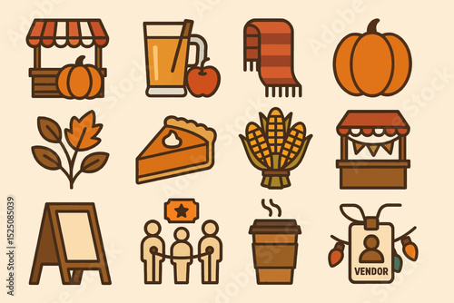 Autumn market icons set with stalls, pumpkins, and fall items