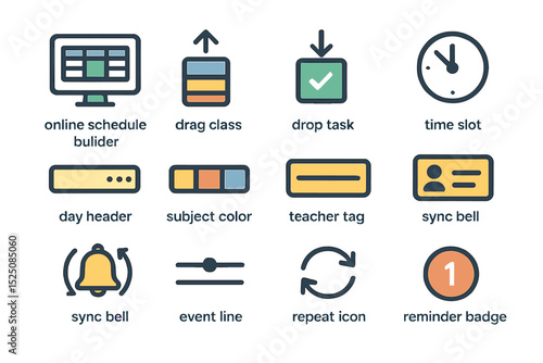 Colorful icon set for online schedule and task management tools