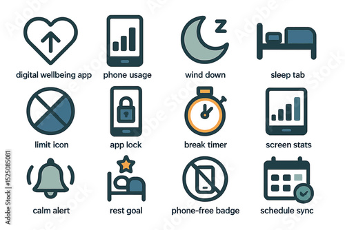 Digital wellbeing icons: phone usage, sleep, break timer, app lock, screen stats, calm alert, sync schedule