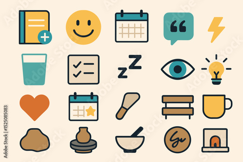 Minimalist icon set featuring everyday objects and symbols in bold colors