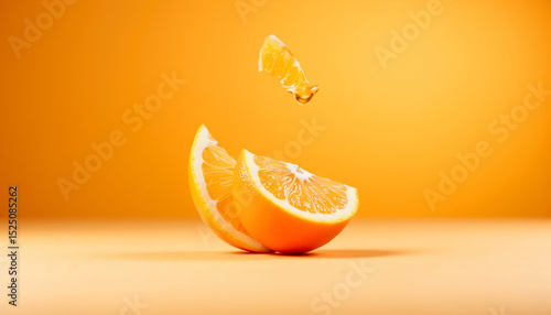 Sliced orange with flying segment on vibrant orange background  