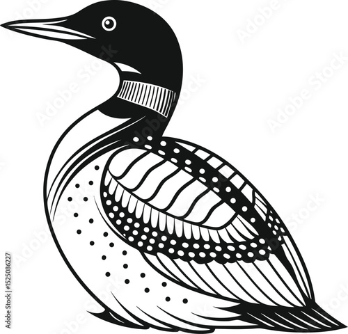 Ornate black and white loon bird illustration