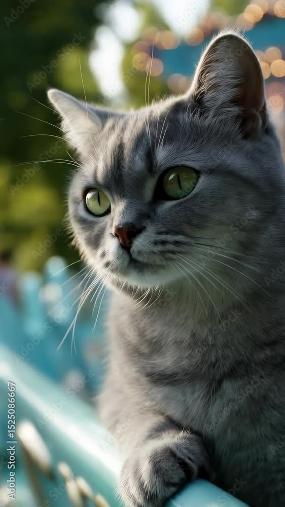 Close-up portrait of a gray tabby cat perched on a blue fence, looking left with green eyes and soft fur in sunlight. Close-up portrait of a gray tabby cat perched on a blue fence, looking left with green eyes and soft fur in sunlight.