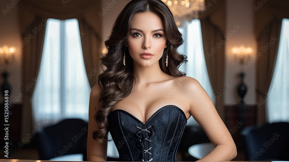 Fototapeta premium Brunette woman in corset poses indoors, creating a sensual portrait of elegance