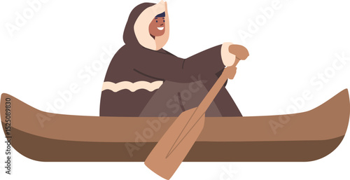 Eskimo swimming on traditional boat