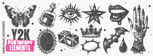 Exploring Y2K aesthetics through diverse graphic elements showcasing retro motifs and symbolic imagery