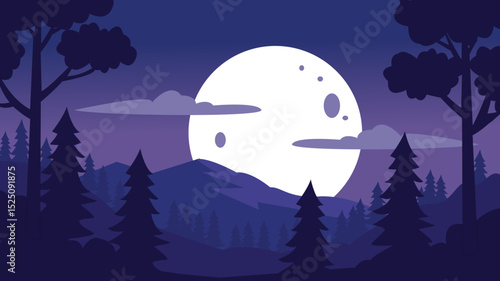 Vector illustration of a glowing full moon rising behind forest trees in a calm, magical night atmosphere