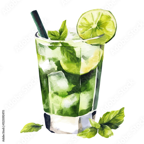 My Watercolor illustration, illustration mojito with lime and mint painting isolated on a white background, illustration, AI painting design, vector illustration set, eps format