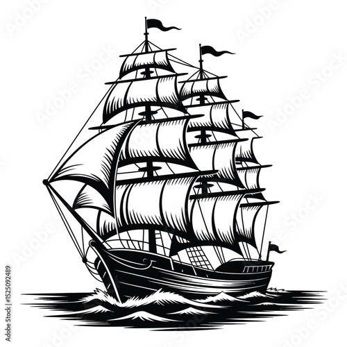 Detailed Black and White Illustration of a Classic Sailing Ship on the Water
