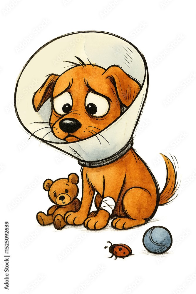 Fototapeta premium Sad Cartoon Puppy in Cone Cute Dog After Vet Visit with Teddy Bear