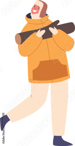 Happy winter woman bringing firewood