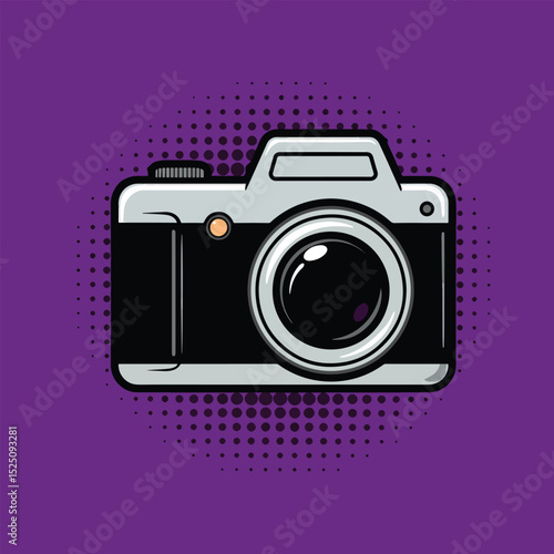 camera pop art icon with vibrant purple halftone background
