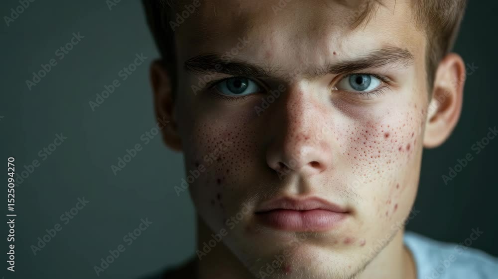 Close-up portrait of a young man with blue eyes, showing his fair skin and light freckling. Close-up portrait of a young man with blue eyes, showing his fair skin and light freckling.
