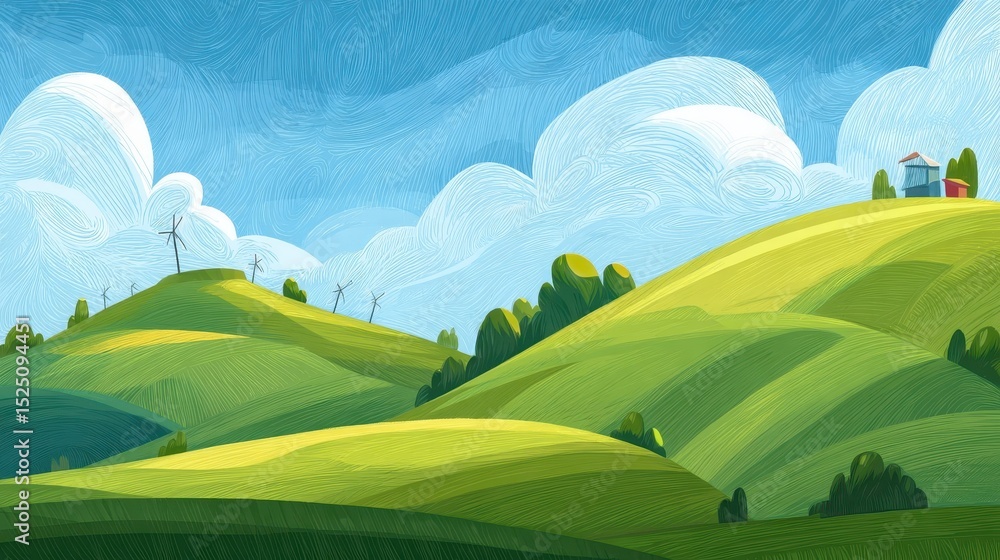 Fototapeta premium A vibrant, stylized landscape of rolling hills and clouds.