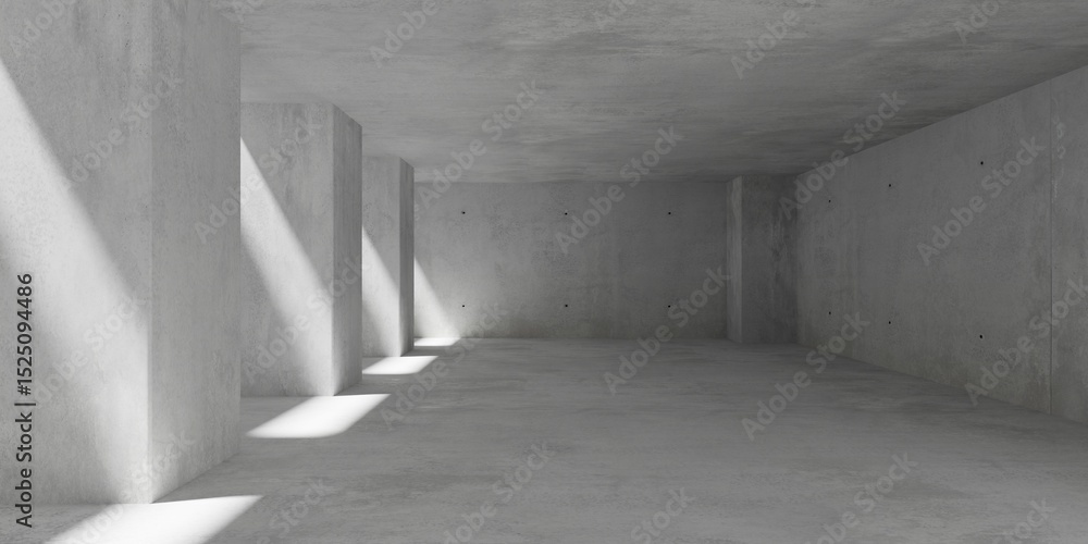 Fototapeta premium Abstract empty, modern concrete room with series of pillars, small windows with sunlight and rough floor - industrial interior background template