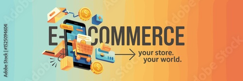 colorful e-commerce advertisement with shopping carts phones and dollar signs on gradient background – great for digital marketplace promotions, online retail, or business branding