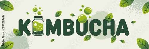 minimalist kombucha text with stylized jar and bubbles – suitable for clean health branding, natural drink packaging, or wellness advertising