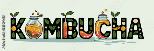playful kombucha lettering with fermentation jars and tea leaves – ideal for health drink branding, natural beverage promotions, or wellness packaging