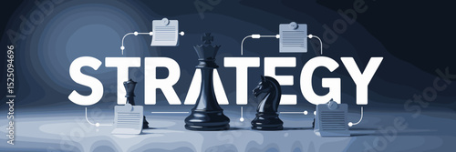 strategy infographic with chess pieces, flowcharts, and notepads on blue-grey gradient – perfect for business planning, analytical thinking, or corporate presentations