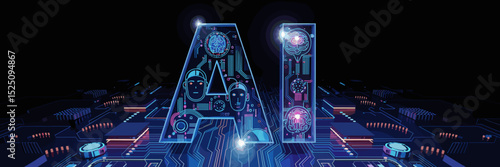 glowing ai text with circuit patterns and robot faces – ideal for technology branding, artificial intelligence concepts, or futuristic design content