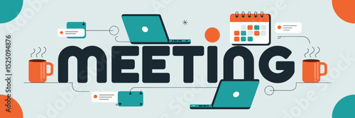 Flat vector meeting poster with laptops, coffee mugs, and calendar icons – Suitable for teamwork, collaboration, and office productivity
