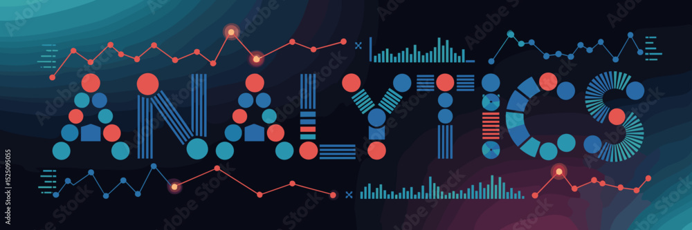 Obraz premium Analytics poster formed from pie charts and graphs with glowing data points – Perfect for data analysis, business intelligence, and technology themes