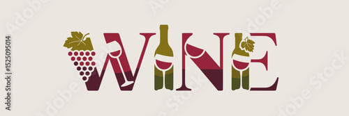 sophisticated wine lettering with green grapes and bottles on white background – great for wine labels, menus, or upscale event design