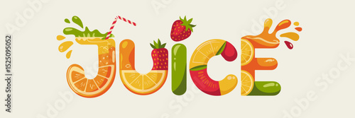juice word illustration with fruit slices oranges lemons and strawberries – perfect for fresh beverage branding and summer promotions