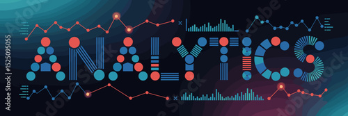 Analytics poster formed from pie charts and graphs with glowing data points – Perfect for data analysis, business intelligence, and technology themes