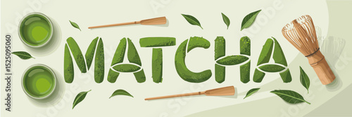 matcha text crafted from tea powder with bamboo elements – great for Japanese culture, natural wellness, or beverage marketing