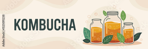 modern kombucha logo with bubbling jars and fresh leaves – great for artisanal drink branding, organic beverage marketing, or natural products